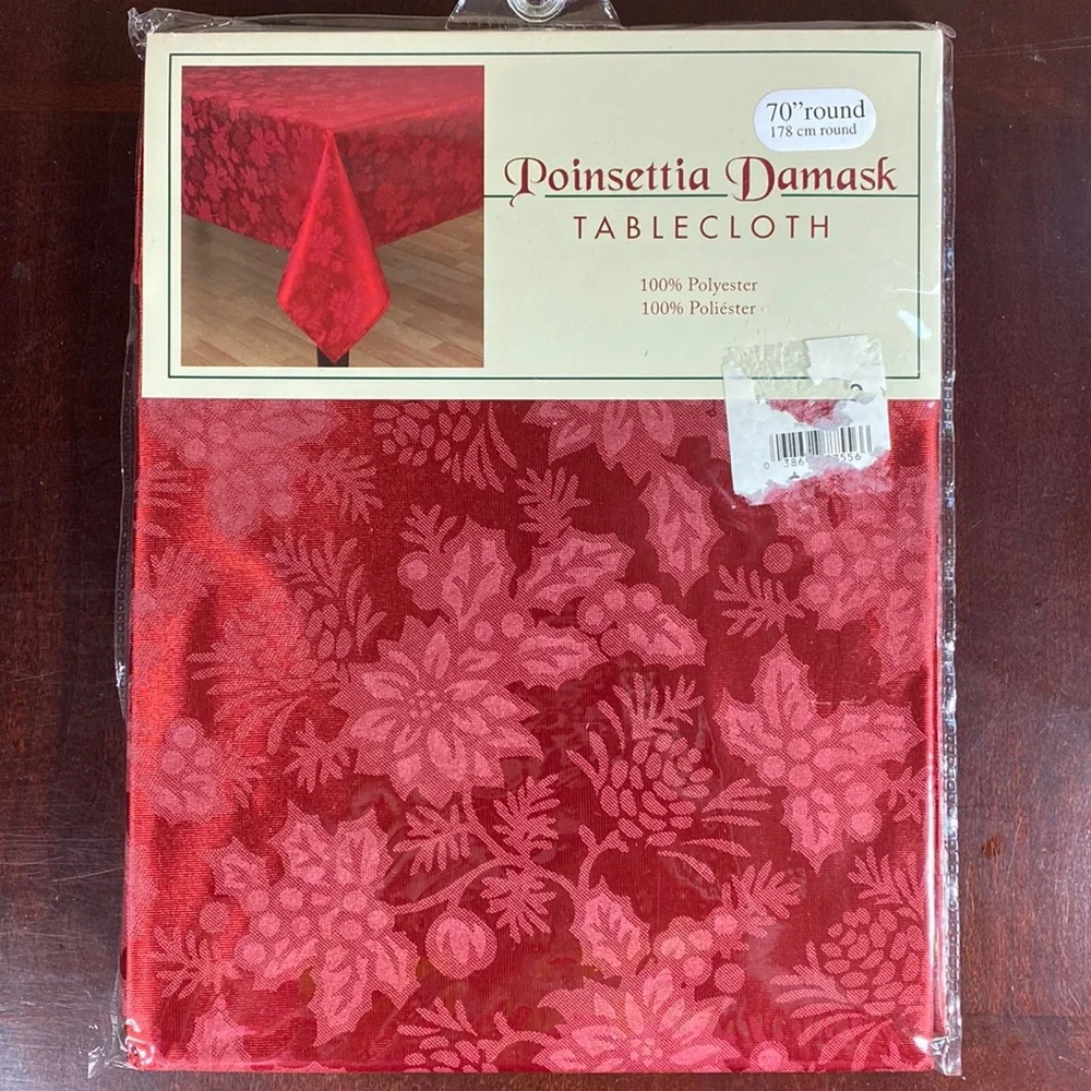 Natco Home Poinsettia & Holly Damask 70” Round Tablecloth Christmas Decor